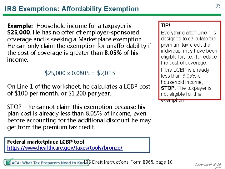 33 IRS Exemptions: Affordability Exemption Example: Household income for a taxpayer is $25, 000.