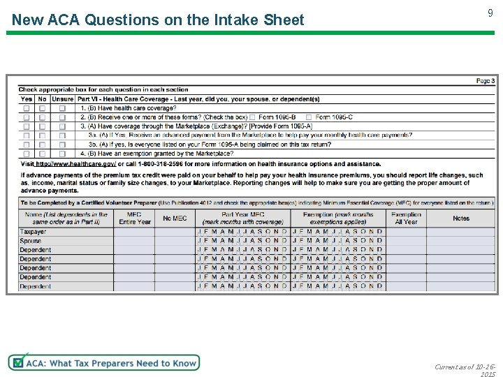 New ACA Questions on the Intake Sheet 9 Current as of 10 -26 -