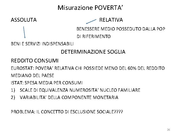 Misurazione POVERTA’ ASSOLUTA RELATIVA BENESSERE MEDIO POSSEDUTO DALLA POP DI RIFERIMENTO BENI E SERVIZI