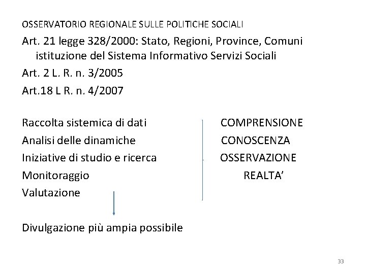 OSSERVATORIO REGIONALE SULLE POLITICHE SOCIALI Art. 21 legge 328/2000: Stato, Regioni, Province, Comuni istituzione