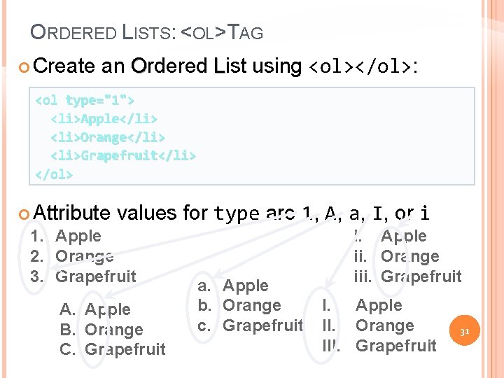 ORDERED LISTS: <OL>TAG Create an Ordered List using <ol></ol>: <ol type="1"> <li>Apple</li> <li>Orange</li> <li>Grapefruit</li>