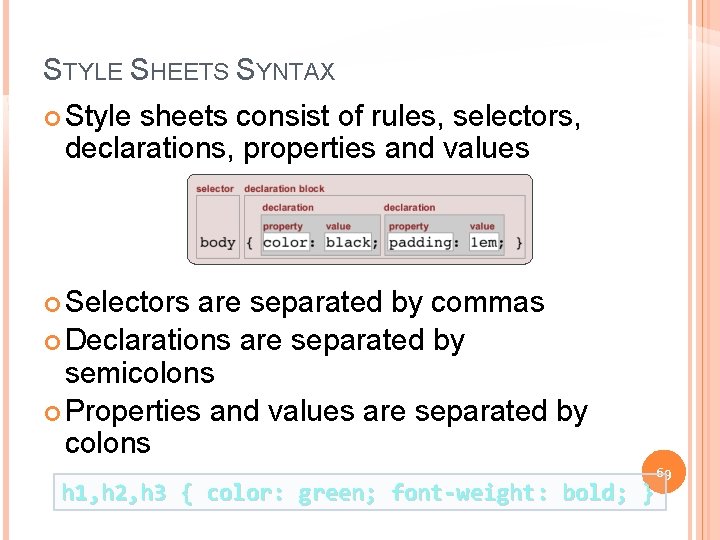 STYLE SHEETS SYNTAX Style sheets consist of rules, selectors, declarations, properties and values Selectors