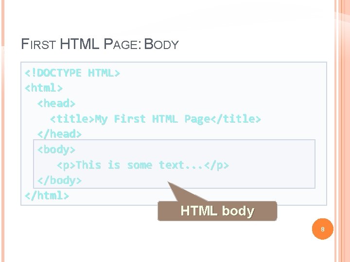 FIRST HTML PAGE: BODY <!DOCTYPE HTML> <html> <head> <title>My First HTML Page</title> </head> <body>