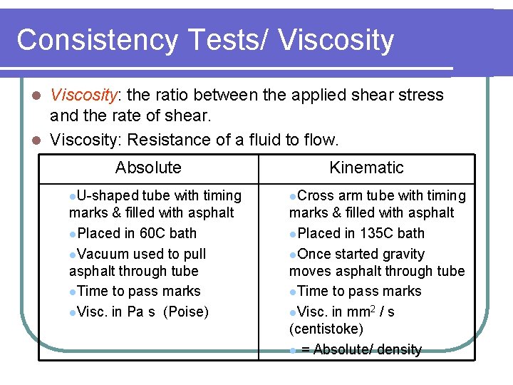 Consistency Tests/ Viscosity: the ratio between the applied shear stress and the rate of