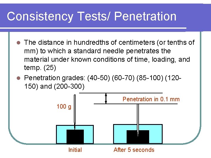 Consistency Tests/ Penetration The distance in hundredths of centimeters (or tenths of mm) to