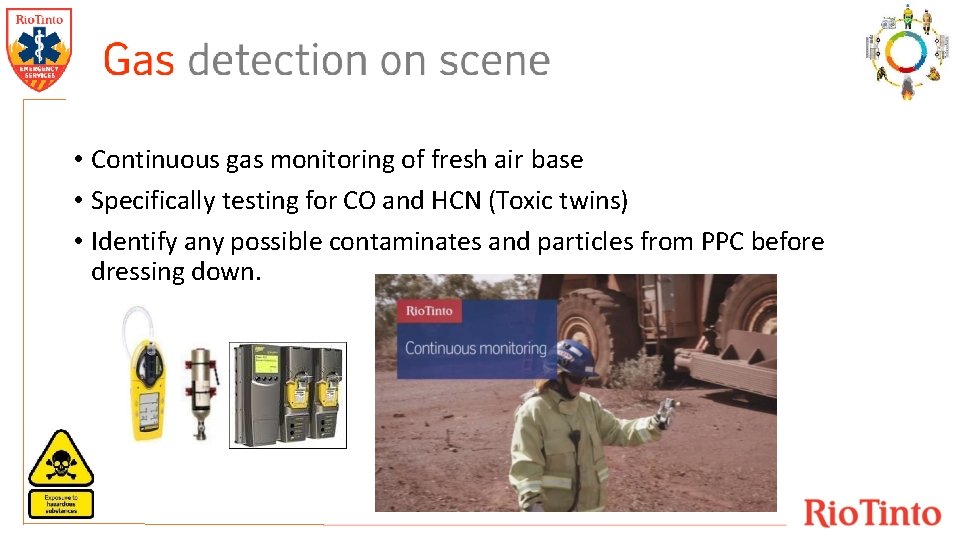  • Continuous gas monitoring of fresh air base • Specifically testing for CO