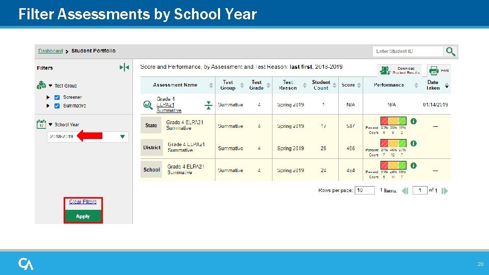 Filter Assessments by School Year 20 