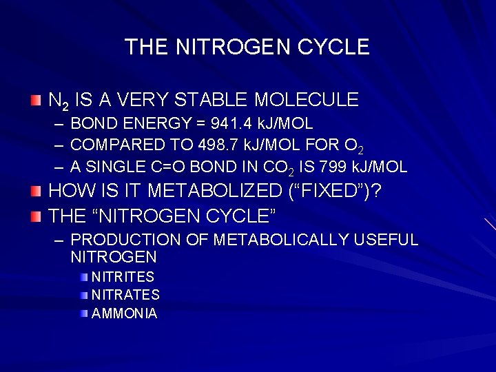 THE NITROGEN CYCLE N 2 IS A VERY STABLE MOLECULE – BOND ENERGY =