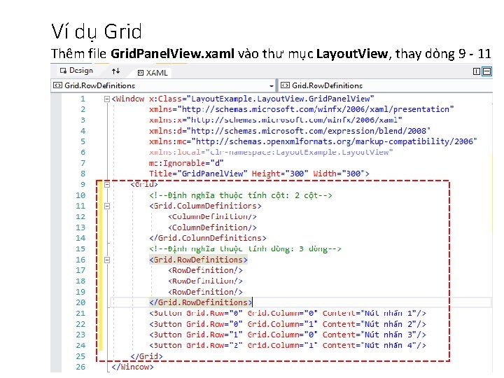 Ví dụ Grid Thêm file Grid. Panel. View. xaml vào thư mục Layout. View,