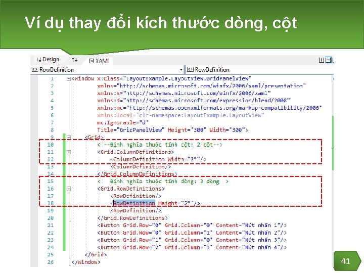 Ví dụ thay đổi kích thước dòng, cột 41 