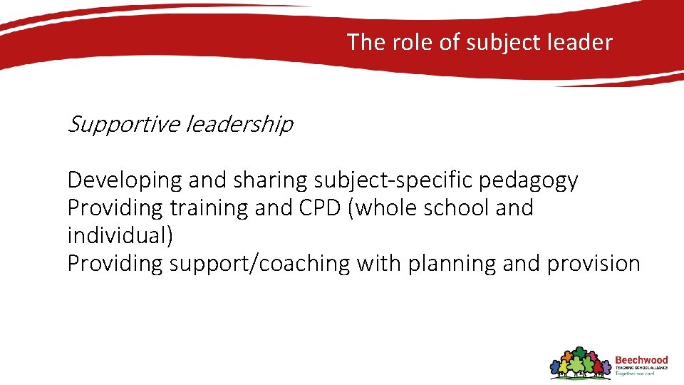 The role of subject leader Supportive leadership Developing and sharing subject-specific pedagogy Providing training