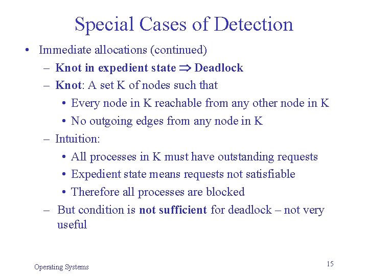 Special Cases of Detection • Immediate allocations (continued) – Knot in expedient state Deadlock Special Cases of Detection • Immediate allocations (continued) – Knot in expedient state Deadlock