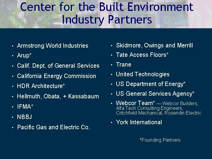 Center for the Built Environment Industry Partners • Armstrong World Industries • Skidmore, Owings