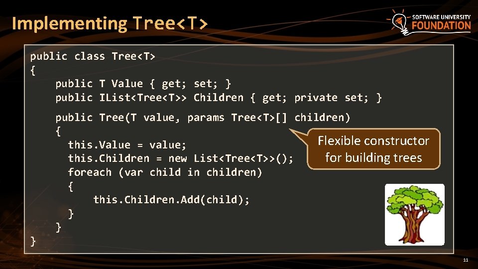 Implementing Tree<T> public class Tree<T> { public T Value { get; set; } public