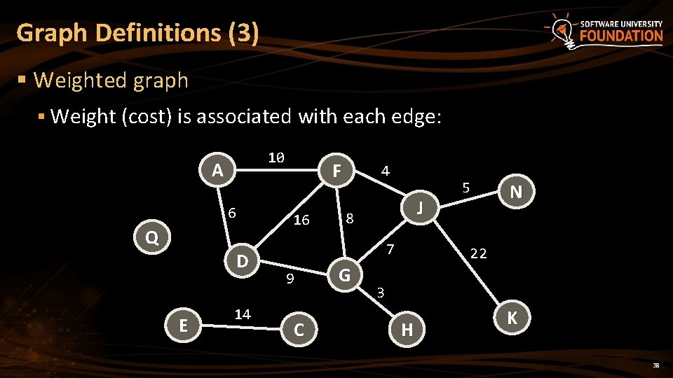 Graph Definitions (3) § Weighted graph § Weight (cost) is associated with each edge: