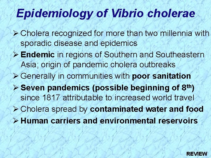 Epidemiology of Vibrio cholerae Ø Cholera recognized for more than two millennia with sporadic