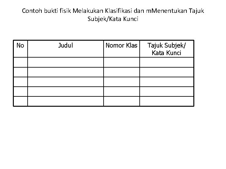 Contoh bukti fisik Melakukan Klasifikasi dan m. Menentukan Tajuk Subjek/Kata Kunci No Judul Nomor