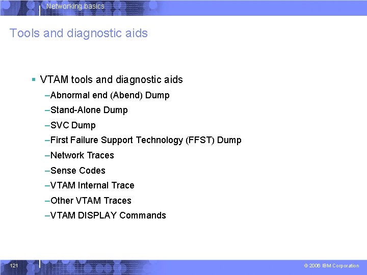 Networking basics Tools and diagnostic aids § VTAM tools and diagnostic aids –Abnormal end