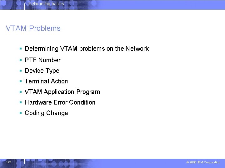 Networking basics VTAM Problems § Determining VTAM problems on the Network § PTF Number