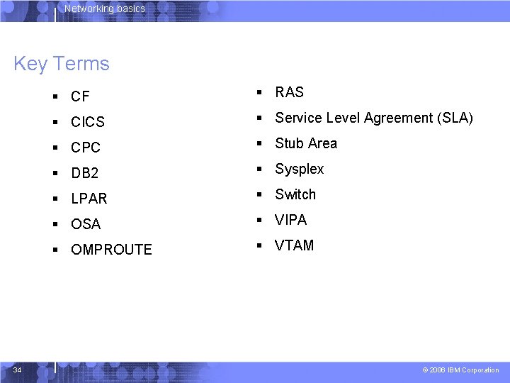 Networking basics Key Terms 34 § CF § RAS § CICS § Service Level