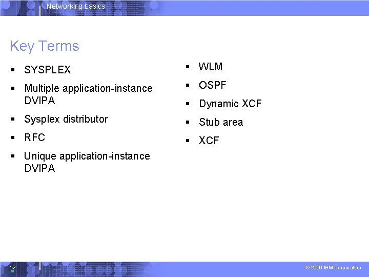 Networking basics Key Terms § SYSPLEX § WLM § Multiple application-instance DVIPA § OSPF