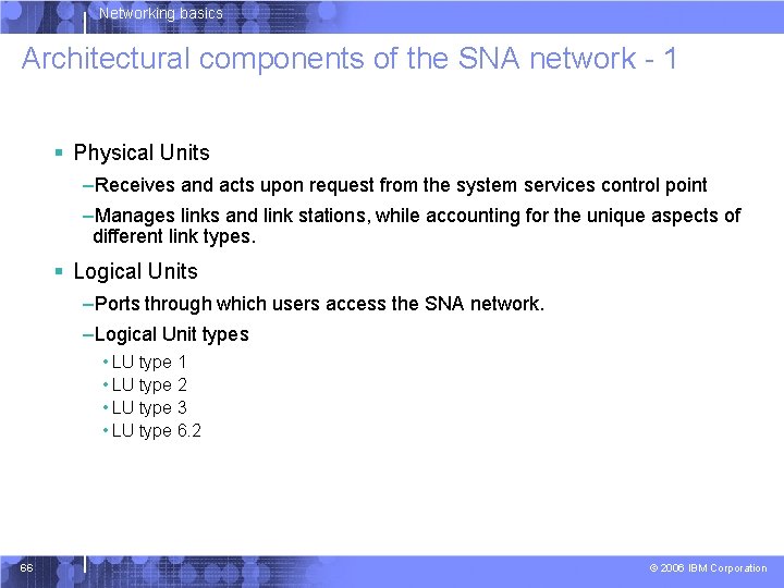 Networking basics Architectural components of the SNA network - 1 § Physical Units –Receives