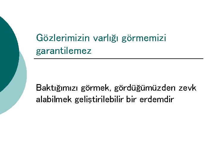 Gözlerimizin varlığı görmemizi garantilemez Baktığımızı görmek, gördüğümüzden zevk alabilmek geliştirilebilir bir erdemdir 