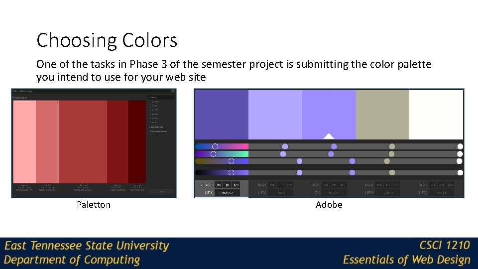 Choosing Colors One of the tasks in Phase 3 of the semester project is