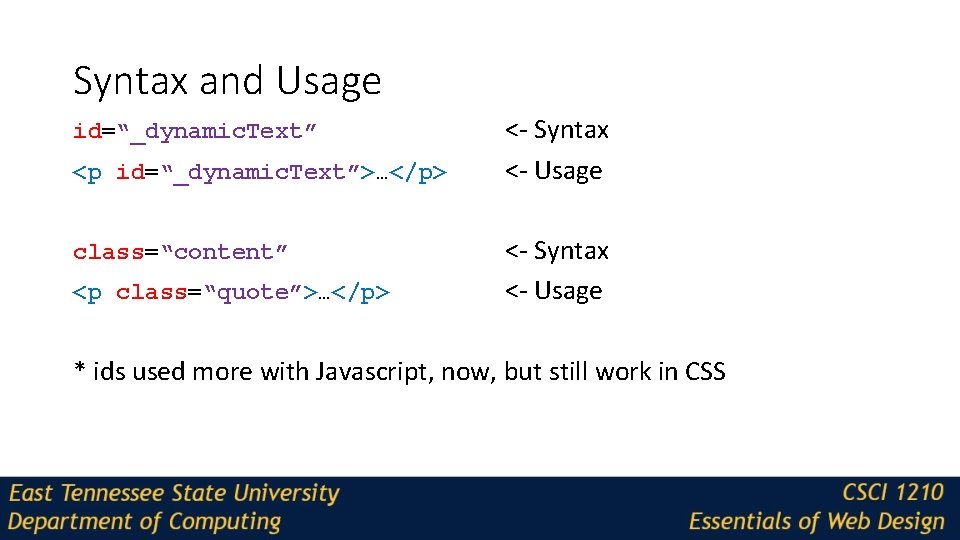 Syntax and Usage id=“_dynamic. Text” <p id=“_dynamic. Text”>…</p> class=“content” <p class=“quote”>…</p> <- Syntax <-