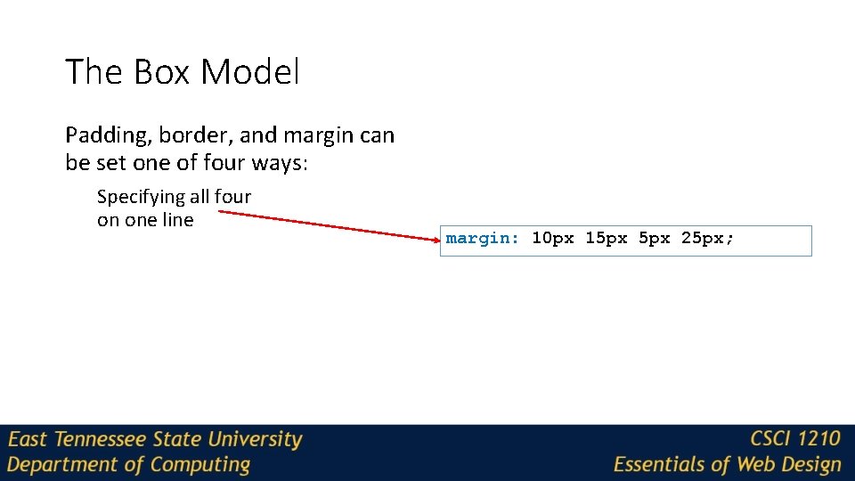 The Box Model Padding, border, and margin can be set one of four ways: