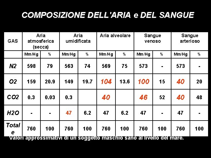 COMPOSIZIONE DELL'ARIA e DEL SANGUE GAS Aria atmosferica (secca) Aria umidificata Aria alveolare Sangue