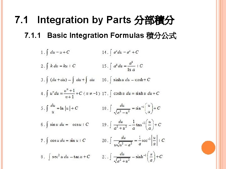 7. 1 Integration by Parts 分部積分 7. 1. 1 Basic Integration Formulas 積分公式 