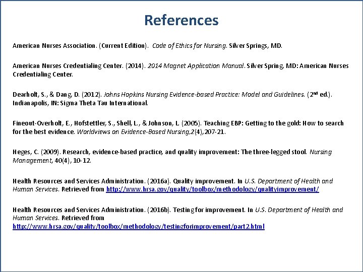 References American Nurses Association. (Current Edition). Code of Ethics for Nursing. Silver Springs, MD.