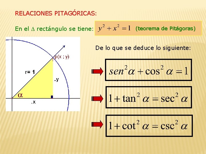 RELACIONES PITAGÓRICAS: En el rectángulo se tiene: (teorema de Pitágoras) De lo que se