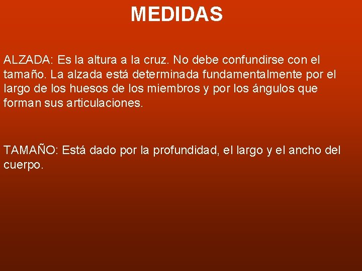 MEDIDAS ALZADA: Es la altura a la cruz. No debe confundirse con el tamaño.