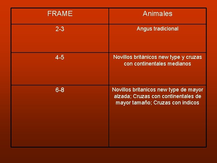 FRAME Animales 2 -3 Angus tradicional 4 -5 Novillos británicos new type y cruzas