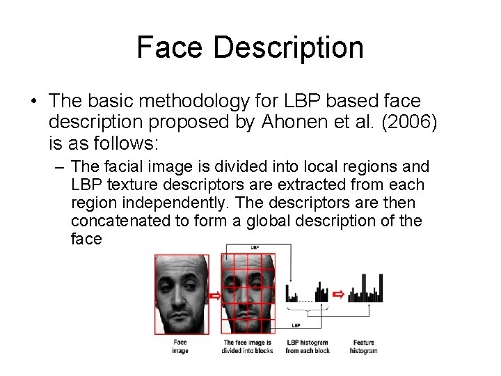 Face Description • The basic methodology for LBP based face description proposed by Ahonen
