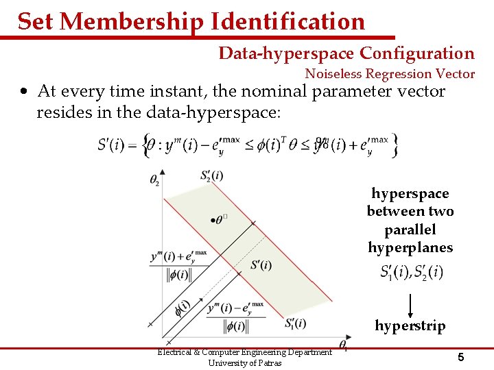 Set Membership Identification Data-hyperspace Configuration Noiseless Regression Vector • At every time instant, the