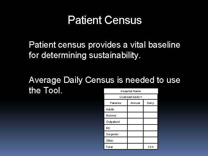 Patient Census Patient census provides a vital baseline for determining sustainability. Average Daily Census