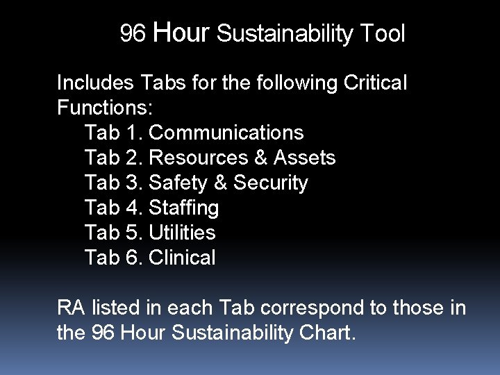 96 Hour Sustainability Tool Includes Tabs for the following Critical Functions: Tab 1. Communications