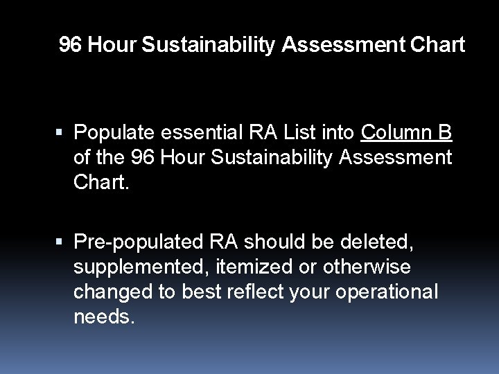 96 Hour Sustainability Assessment Chart Populate essential RA List into Column B of the