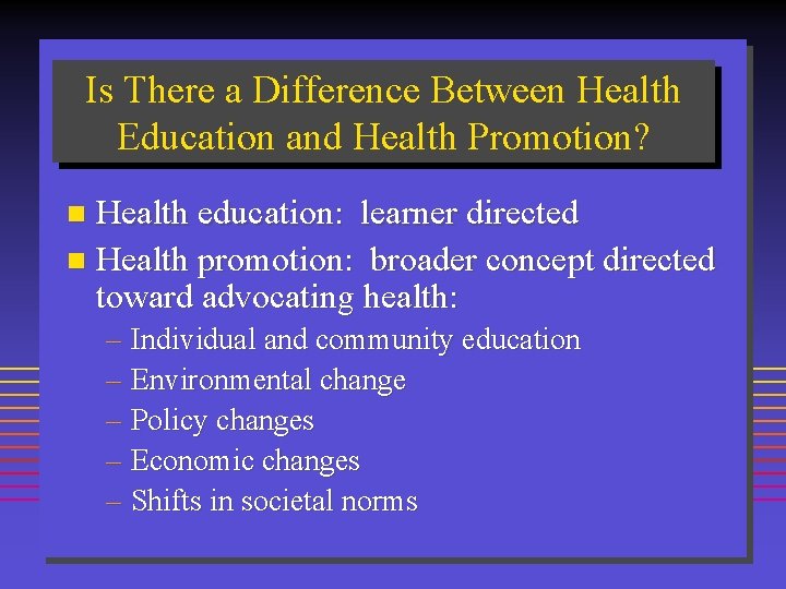 Is There a Difference Between Health Education and Health Promotion? Health education: learner directed