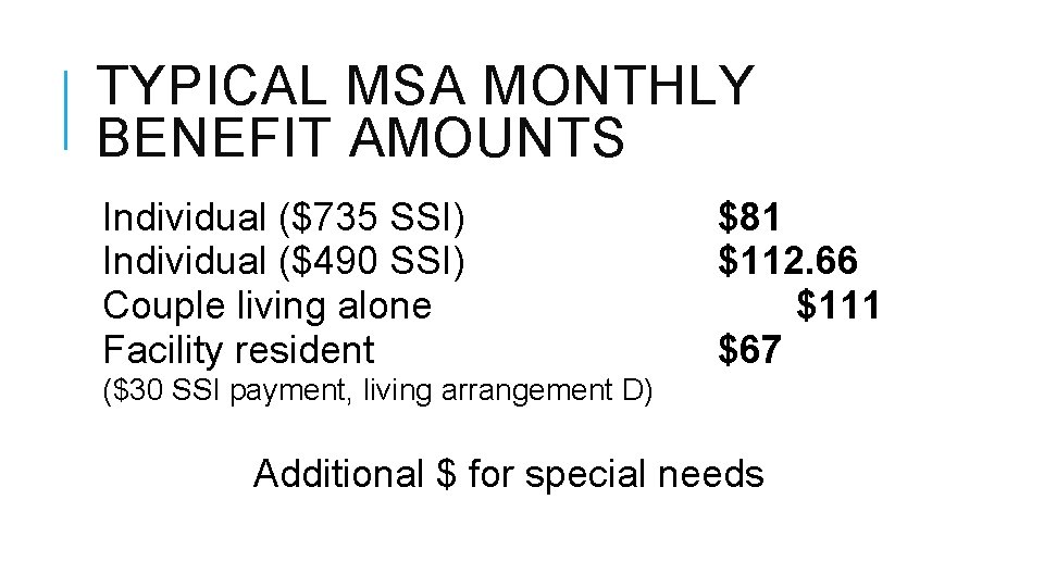 TYPICAL MSA MONTHLY BENEFIT AMOUNTS Individual ($735 SSI) Individual ($490 SSI) Couple living alone