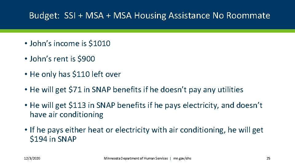 Budget: SSI + MSA Housing Assistance No Roommate • John’s income is $1010 •