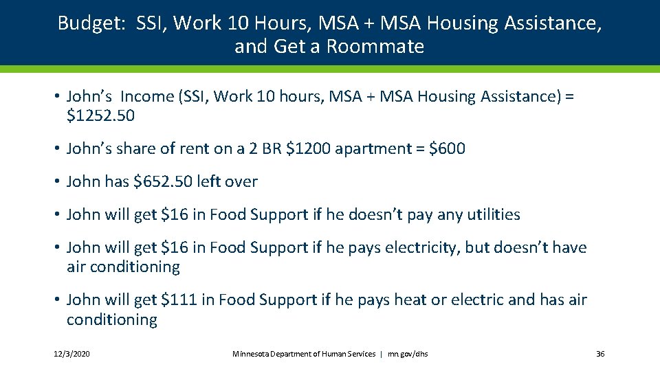 Budget: SSI, Work 10 Hours, MSA + MSA Housing Assistance, and Get a Roommate