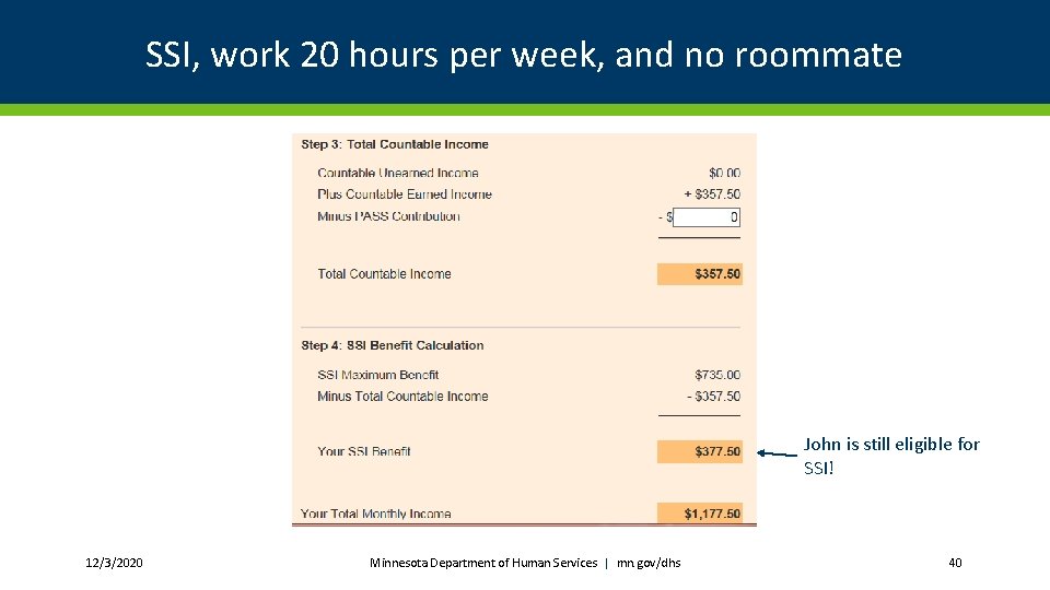SSI, work 20 hours per week, and no roommate John is still eligible for