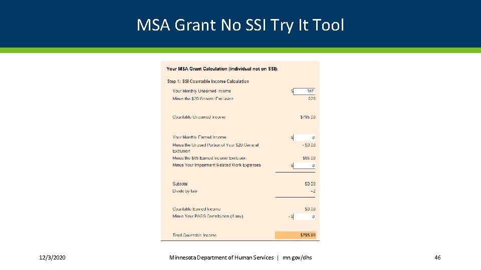 MSA Grant No SSI Try It Tool 12/3/2020 Minnesota Department of Human Services | mn. gov/dhs