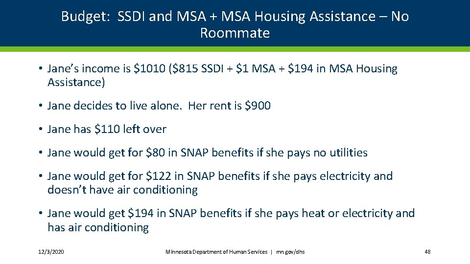 Budget: SSDI and MSA + MSA Housing Assistance – No Roommate • Jane’s income