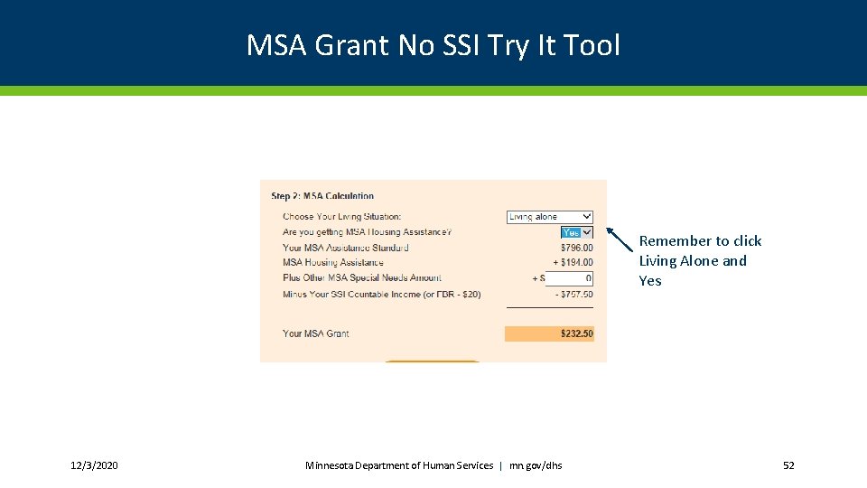 MSA Grant No SSI Try It Tool Remember to click Living Alone and Yes