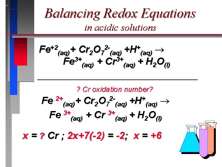 Balancing Redox Equations in acidic solutions Fe+2(aq)+ Cr 2 O 72 -(aq) +H+(aq) Fe